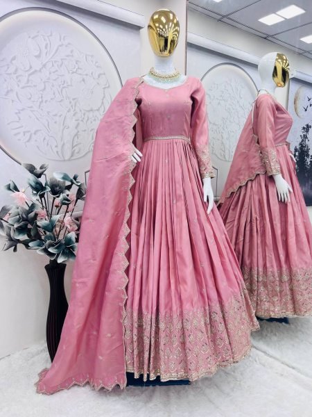 Blush Pink Embroidered Gown with Handwork Dupatta Perfect for Weddings Anarkali Kurtis 
