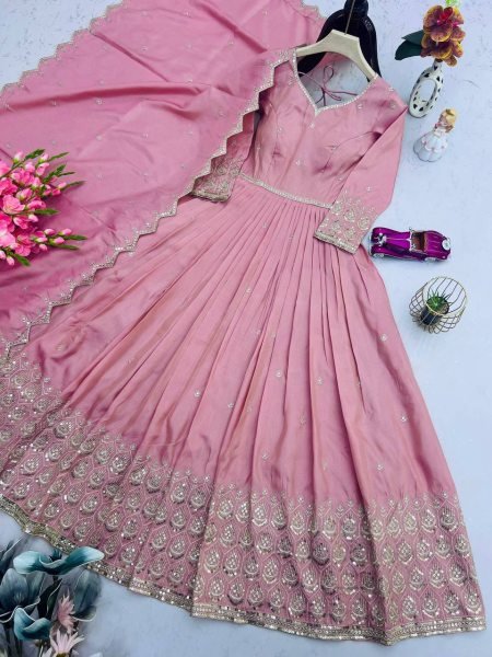 Blush Pink Embroidered Gown with Handwork Dupatta Perfect for Weddings Anarkali Kurtis 