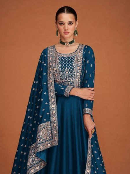 Elegant Peacock Blue Silk Anarkali Gown with Sequin Embroidery Perfect for Weddings Salwar Kameez