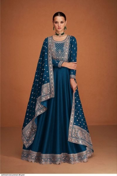 Elegant Peacock Blue Silk Anarkali Gown with Sequin Embroidery Perfect for Weddings Anarakali Gown Wholesale