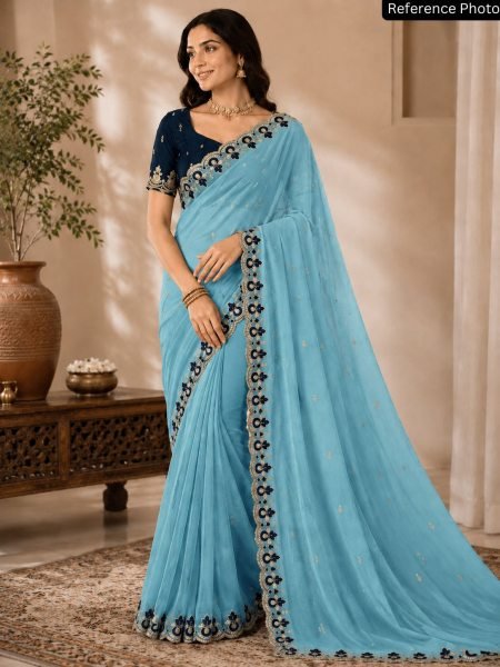 Premium Sky Blue Designer Star Georgette Saree for Resellers and Exporters 