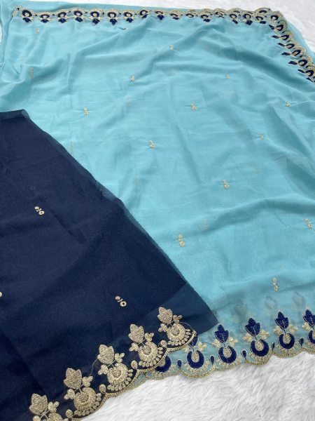 Premium Sky Blue Designer Star Georgette Saree for Resellers and Exporters Georgette Sarees Wholesale