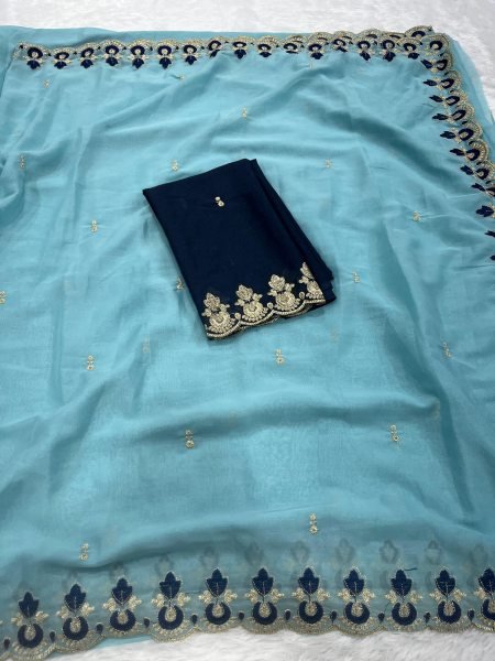 Premium Sky Blue Designer Star Georgette Saree for Resellers and Exporters Georgette Sarees Wholesale
