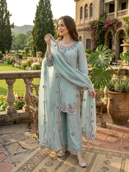 Premium Sky Blue Embroidered Silk Kurti Palazzo Set for Wedding Wear 