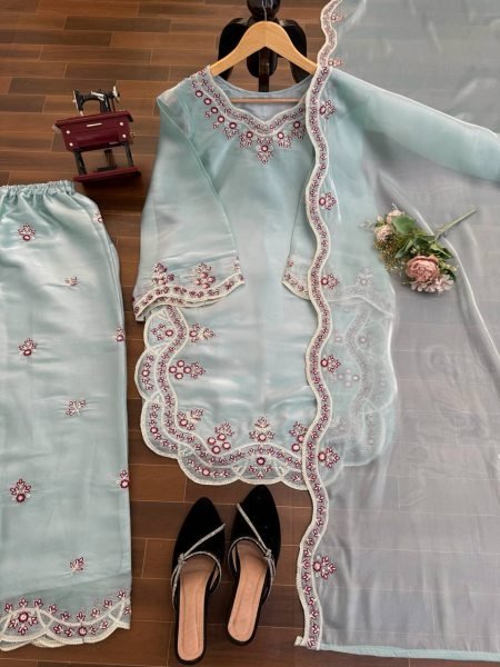 Premium Sky Blue Embroidered Silk Kurti Palazzo Set for Wedding Wear Ready To Wear Collection