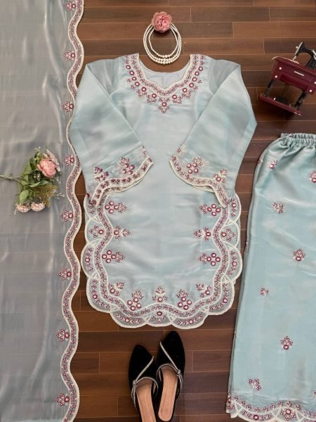 Premium Sky Blue Embroidered Silk Kurti Palazzo Set for Wedding Wear Ready To Wear Collection