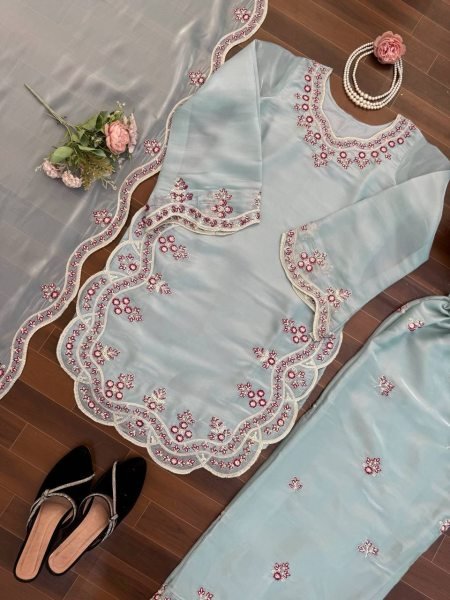 Premium Sky Blue Embroidered Silk Kurti Palazzo Set for Wedding Wear Ready To Wear Collection
