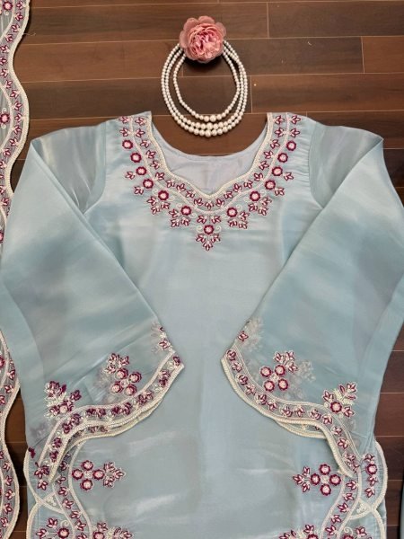 Premium Sky Blue Embroidered Silk Kurti Palazzo Set for Wedding Wear Ready To Wear Collection