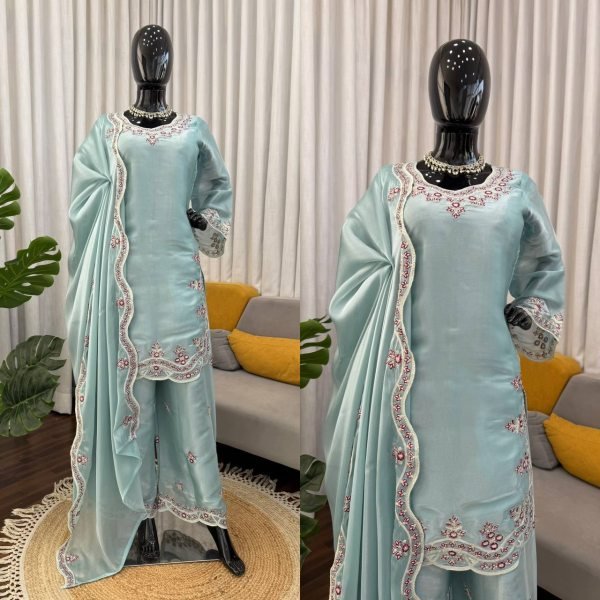 Premium Sky Blue Embroidered Silk Kurti Palazzo Set for Wedding Wear Ready To Wear Collection