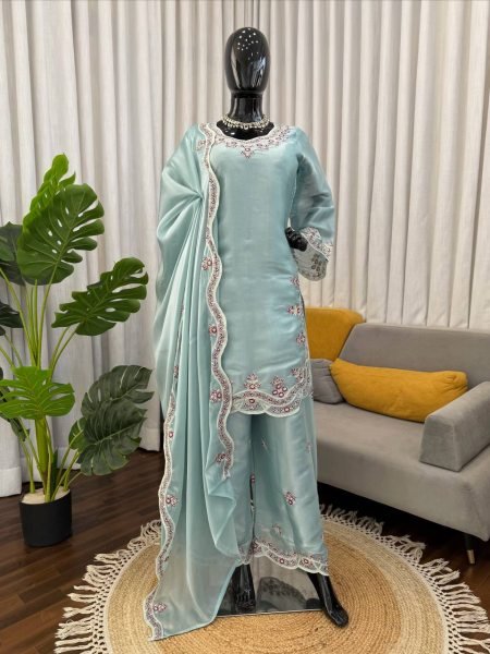 Premium Sky Blue Embroidered Silk Kurti Palazzo Set for Wedding Wear Ready To Wear Collection