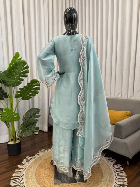 Premium Sky Blue Embroidered Silk Kurti Palazzo Set for Wedding Wear Ready To Wear Collection