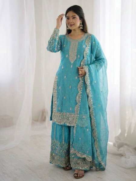 Premium Sky Blue Party Wear Palazzo Suit with Lace Border Dupatta For Wedding Look 