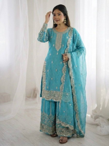 Premium Sky Blue Party Wear Palazzo Suit with Lace Border Dupatta For Wedding Look Ready To Wear Collection