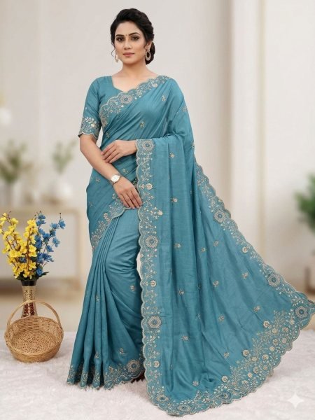 Premium Sky Blue Satin Silk Saree With Heavy Traditional Embroidery Designer Wedding Sarees Wholesale