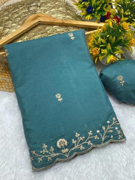 Premium Sky Blue Satin Silk Saree With Heavy Traditional Embroidery Designer Wedding Sarees Wholesale