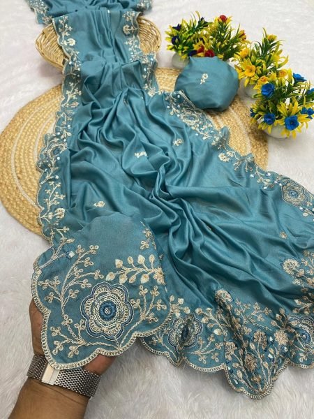 Premium Sky Blue Satin Silk Saree With Heavy Traditional Embroidery Designer Wedding Sarees Wholesale