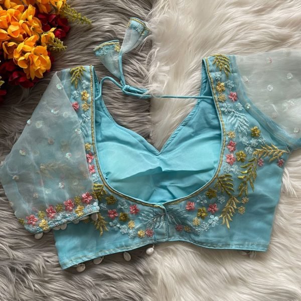 Premium Sky Blue Soft Net Silk Blouse with Embroidery Work Readymade Party Wear Collection Blouse Collection