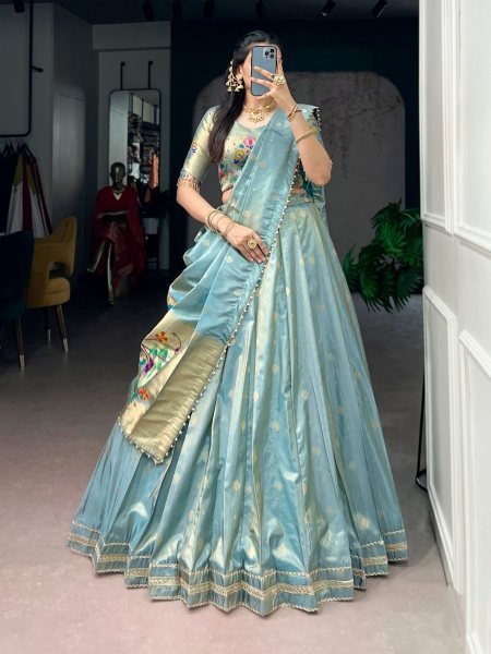 Premium Sky Blue Zari Weaving Shimmer Lehenga Set for Reception and Engagement Wear  Lehenga