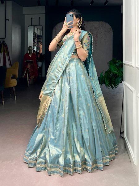 Premium Sky Blue Zari Weaving Shimmer Lehenga Set for Reception and Engagement Wear Half Saree Lehenga