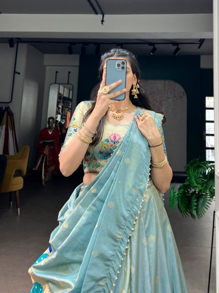 Premium Sky Blue Zari Weaving Shimmer Lehenga Set for Reception and Engagement Wear Half Saree Lehenga