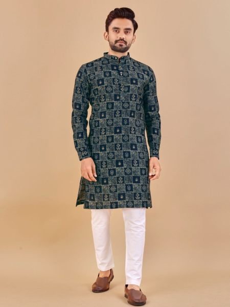  Premium Soft Cotton Foil Print Mens Kurta Pajama