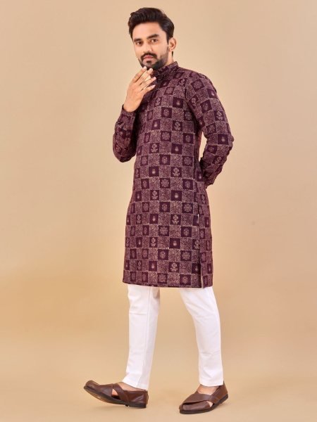  Premium Soft Cotton Foil Print Mens Kurta Pajama Kurta Pajama Wholesale