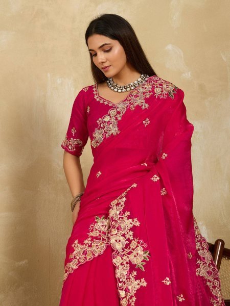 Premium Soft Fendy Chiffon Saree in Bright Pink with Embroidery Arc Border for Wedding Wear Pure Chiffon Sarees Wholesale