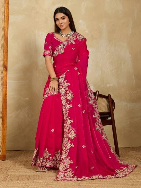 Premium Soft Fendy Chiffon Saree in Bright Pink with Embroidery Arc Border for Wedding Wear Pure Chiffon Sarees Wholesale