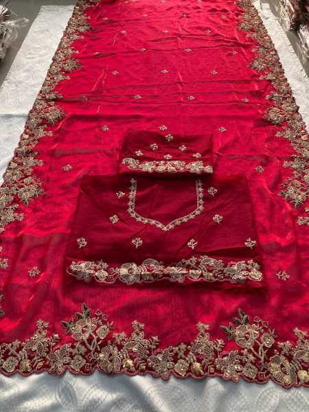 Premium Soft Fendy Chiffon Saree in Bright Pink with Embroidery Arc Border for Wedding Wear Pure Chiffon Sarees Wholesale