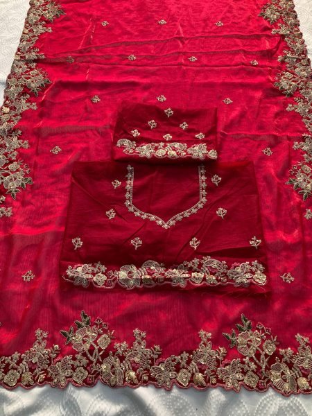 Premium Soft Fendy Chiffon Saree in Bright Pink with Embroidery Arc Border for Wedding Wear Pure Chiffon Sarees Wholesale