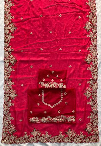 Premium Soft Fendy Chiffon Saree in Bright Pink with Embroidery Arc Border for Wedding Wear Pure Chiffon Sarees Wholesale