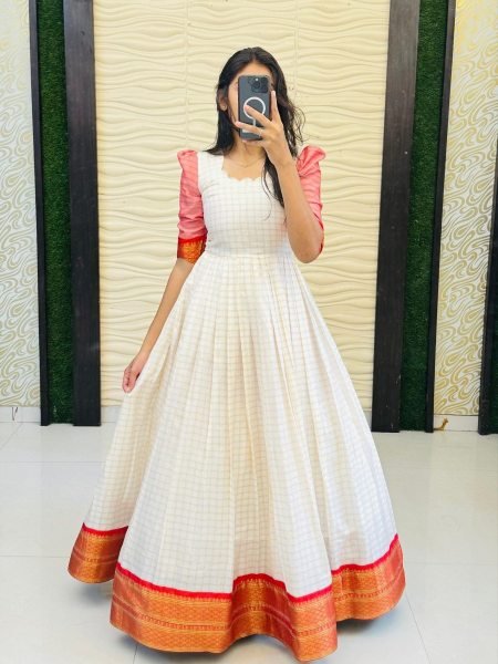 Premium South Indian Cotton Silk Gown for Women with Elegant Jacquard Border Ready to Wear Finish Kurtis