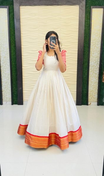 Premium South Indian Cotton Silk Gown for Women with Elegant Jacquard Border Ready to Wear Finish Anarkali Kurtis 
