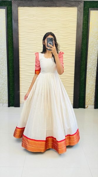 Premium South Indian Cotton Silk Gown for Women with Elegant Jacquard Border Ready to Wear Finish Anarkali Kurtis 