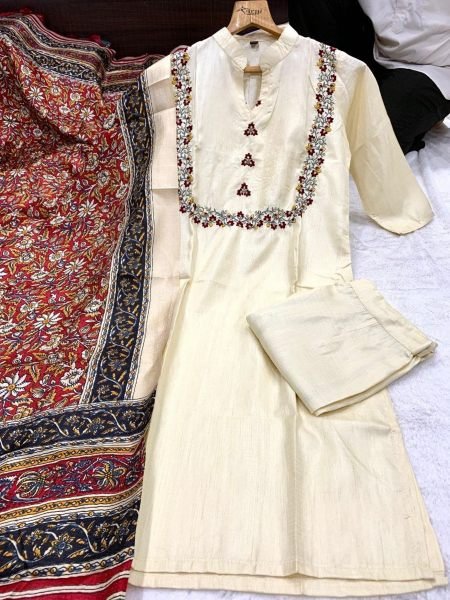 Premium south silk kurti  having embroidery on neck with pant  & beautiful printed Dupatta with zalar Kurti Set 3 Piece Kurti Set
