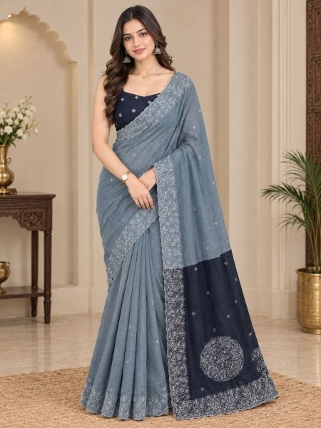 Premium Steel Grey Pure Mul Cotton Saree with Contrast Jacquard Pallu and Blouse at Manufacturer  