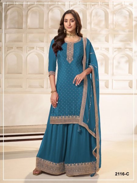 Premium Teal Blue Pure Viscose Dola Silk Suit Set with Heavy Sequin Work for Grand Occasions 