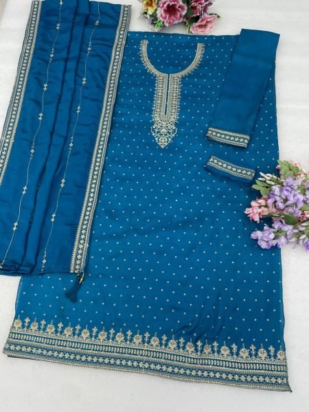 Premium Teal Blue Pure Viscose Dola Silk Suit Set with Heavy Sequin Work for Grand Occasions Designer Plazzo Salwar Suits Wholesale