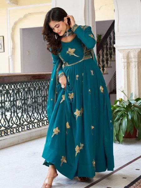 Premium Teal Faux Georgette Gown with Golden Embroidery Wedding Exclusive Kurtis