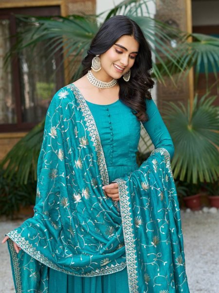 Premium Vichitra Silk Anarkali Gown with Heavy Sequence Embroidery   Matching Dupatta Set Anarkali Kurtis 