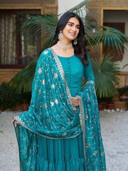 Premium Vichitra Silk Anarkali Gown with Heavy Sequence Embroidery   Matching Dupatta Set Anarkali Kurtis 