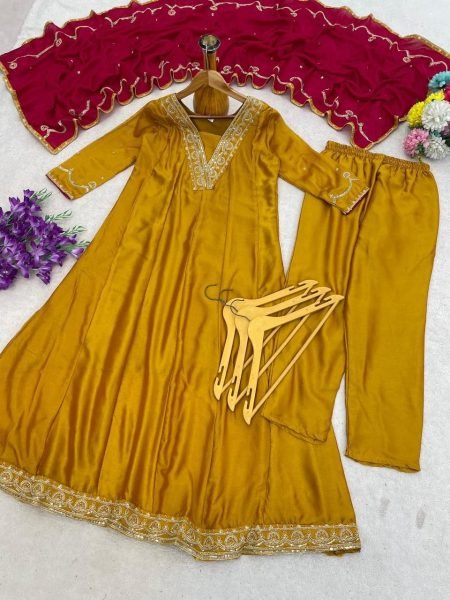 Premium Vichitra Silk Embroidered Kurti Pant Set with Contracts Dupatta for Women Embroidery Kurtis 