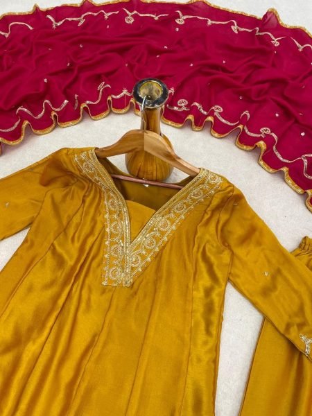 Premium Vichitra Silk Embroidered Kurti Pant Set with Contracts Dupatta for Women Embroidery Kurtis 