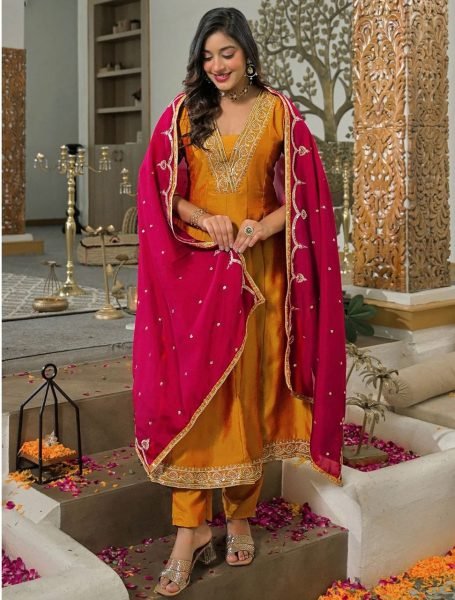 Premium Vichitra Silk Embroidered Kurti Pant Set with Contracts Dupatta for Women Embroidery Kurtis 