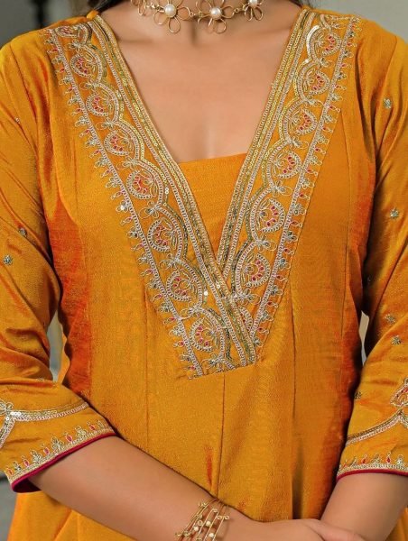 Premium Vichitra Silk Embroidered Kurti Pant Set with Contracts Dupatta for Women Embroidery Kurtis 