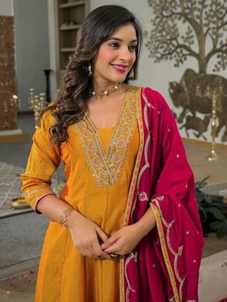Premium Vichitra Silk Embroidered Kurti Pant Set with Contracts Dupatta for Women Embroidery Kurtis 