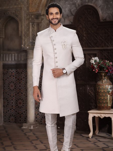 Premium White Banarasi Jacquard Indo Western Set for Men with Aligarhi Pant 