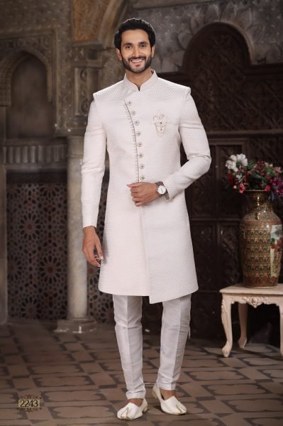 Premium White Banarasi Jacquard Indo Western Set for Men with Aligarhi Pant Kurta Pajama Wholesale
