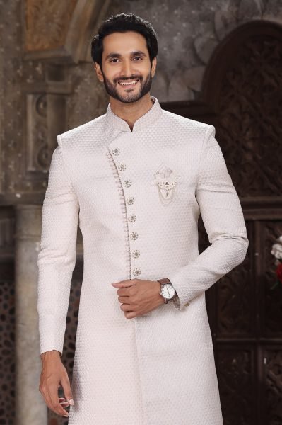 Premium White Banarasi Jacquard Indo Western Set for Men with Aligarhi Pant Kurta Pajama Wholesale