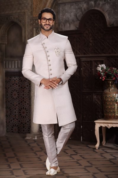 Premium White Banarasi Jacquard Indo Western Set for Men with Aligarhi Pant Kurta Pajama Wholesale